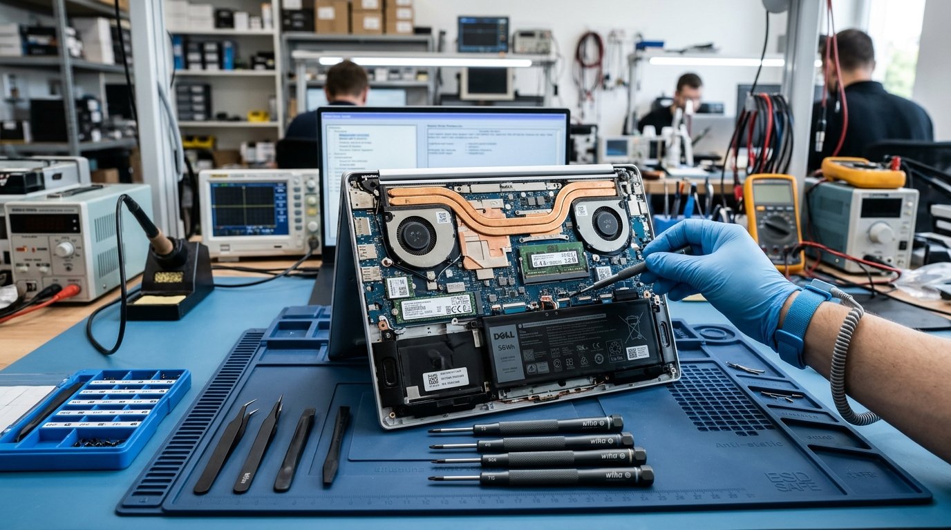 Foto teknisi servis laptop, perbaikan LCD, engsel, dan motherboard Mega Prima 99